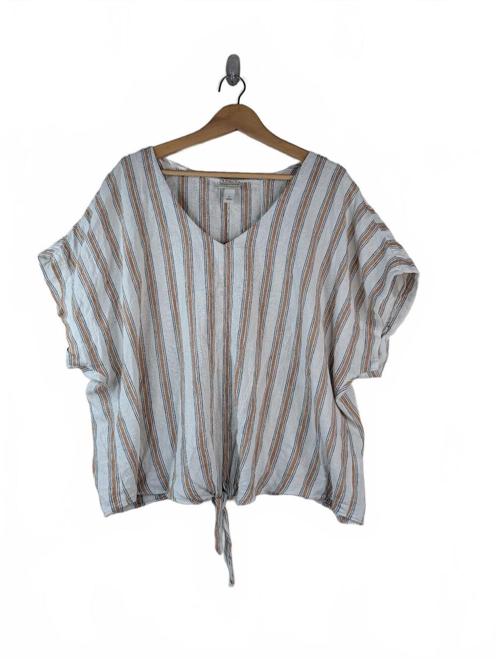 Ava & Viv Striped Linen Blend Blouse with Front Tie Women's Size 1X